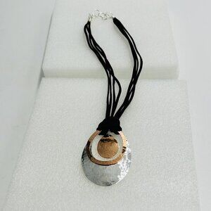 Multi Strand Brown Suede Cord Metal Silver Copper Tone Necklace Pendant 20”